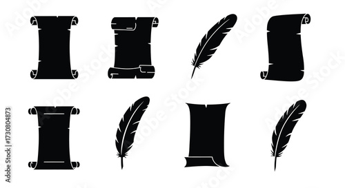 Vintage scrolls and quill pens isolated on a plain white background