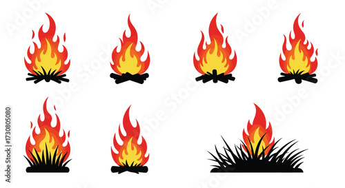 Illustrative set of vibrant flames and burning wood arrangements displayed