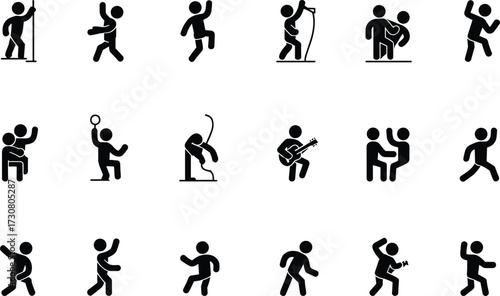 Silhouette stickman people dancing, playing guitar, singing, performing, sports and activities icons, creative vector illustration, music concert, entertainment, lifestyle, hobby, leisure design