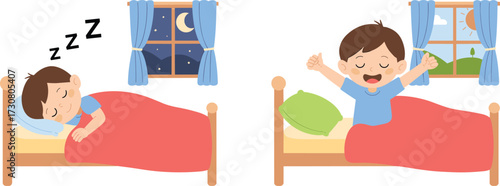 Cute boy sleeping at night and waking up in the morning, child resting in bed, daily routine, healthy lifestyle, cartoon vector illustration
