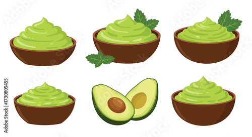 Fresh avocado dip with avocado halves and mint garnish presented