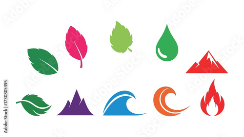 Elements of Nature: A visually appealing collection showcasing the essential elements of nature: leaf, water drop, mountain, wave, and flame, symbolizing the fundamental aspects of the natural world.