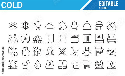 Arctic Outline Icons — Polar Bear, Penguin, Igloo, Snow, Ice, and Winter Gear