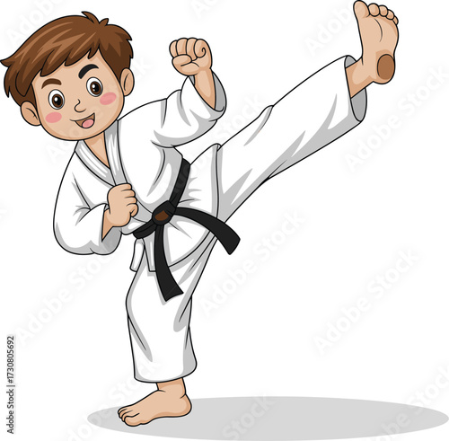 Cute cartoon boy practicing martial arts karate kick, wearing white uniform and black belt, children sports training, self defense illustration, fitness activity vector design