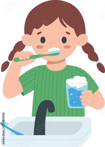 Cute cartoon girl brushing teeth with toothbrush, holding glass of water, bathroom sink hygiene routine, healthy lifestyle dental care illustration, children oral health vector