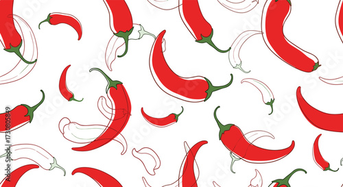 A vibrant seamless pattern of red chili peppers with outlines and scattered pepper shapes on a white background.