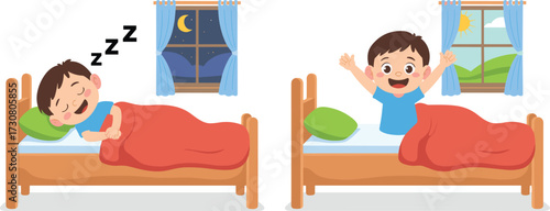 Cute cartoon boy sleeping at night and waking up in the morning, child daily routine vector illustration, bedtime and wake up concept design