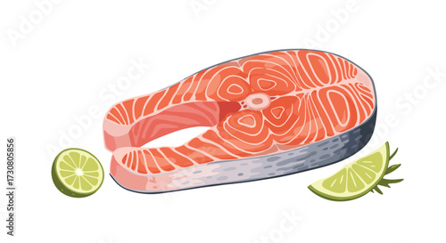 A fresh salmon steak is prepared with two lime slices and rosemary sprigs for culinary use.