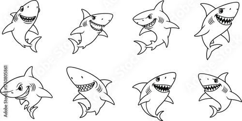 Shark cartoon silhouettes, vector marine design, ocean animal artwork, expressive characters, creative poses, stock collection, sea mascot, unique artwork, decorative style, illustration