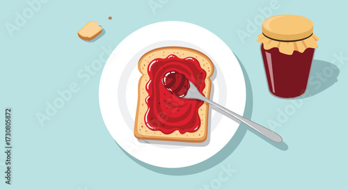 Spreading delicious red jam on a slice of toast for breakfast.