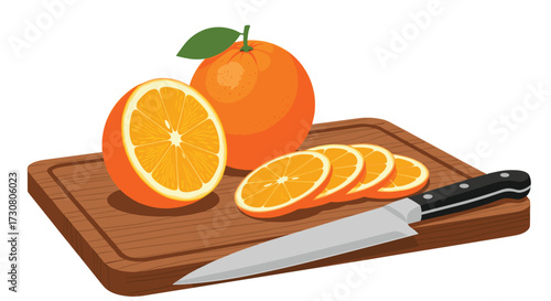 Fresh oranges being sliced on a cutting board with a knife.o