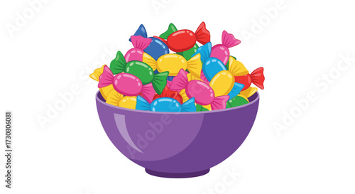 A full bowl of colorful wrapped candies in assorted fruit flavors.