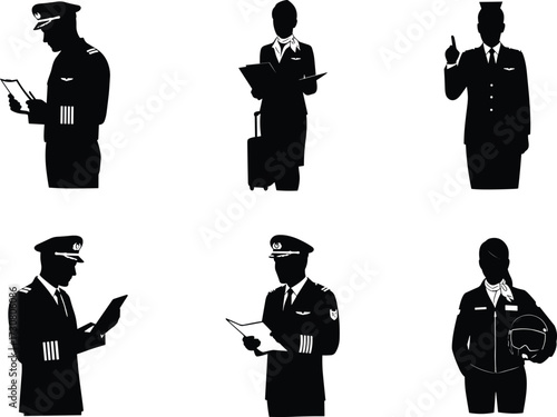 Aviation crew silhouette vector set, pilot, flight attendant, helmet, clipboard, checklist, uniform, air travel roles, black icons, airport staff