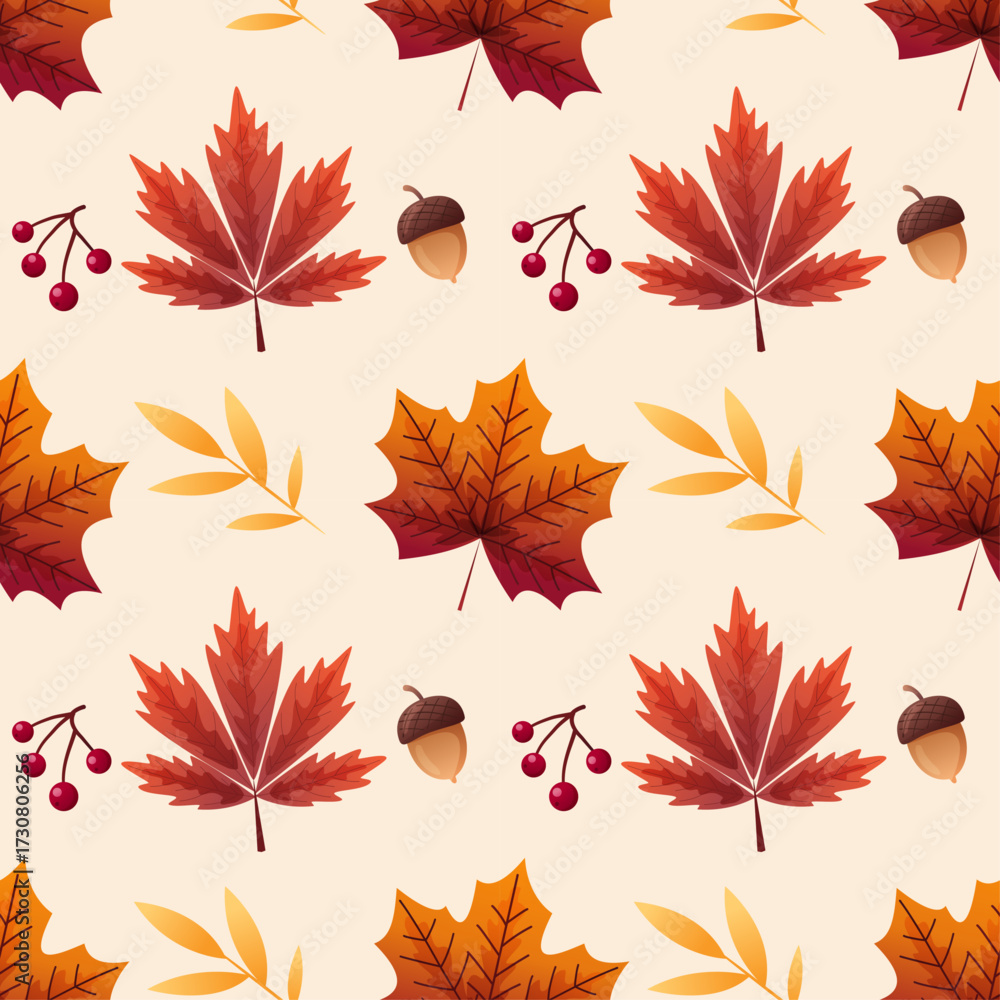 Fototapeta premium Autumn Leaves Acorns Berries Seamless Pattern