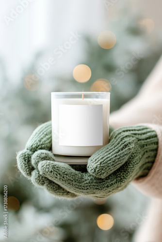 Cozy winter-themed candle in a glass jar with blank mockup label, held by hands in green knit gloves