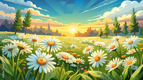 Original oil painting Daisy flowers field wide background in the sunlight, summer daisies bloom with chamomile, spring floral background, beautiful nature scene, vibrant colors, artistic detail, 