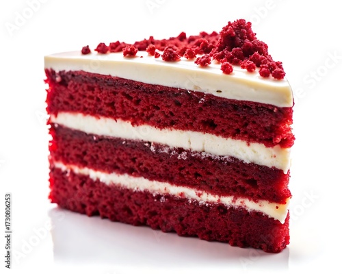 Delicious slice of red velvet cake with cream cheese frosting and red crumbs