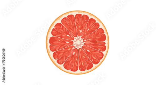 A vibrant juicy slice of pink grapefruit showing its detailed texture and segments.