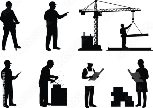 Construction worker silhouette vector set, crane lifting, supervisor, architect, mason, inspector, site manager, black icons, industrial roles, building site activity