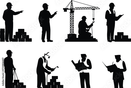 Construction workers silhouette, industrial labor scene, crane operation, blueprint inspection, safety gear, teamwork, occupational roles, building site, vector illustration, black figures