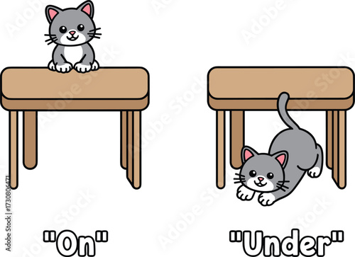 Cute gray cat sitting on table and hiding under table, educational illustration for children learning prepositions, animal cartoon, English grammar concept vector
