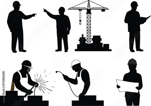 Construction workers silhouette, welding and blueprint reading, teamwork on site, industrial labor, power tools, safety gear, occupational roles, vector illustration, black figures