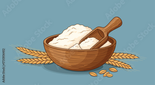 A wooden bowl filled with fine white flour sits on a blue background accompanied by wheat stalks and grains