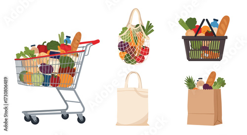 Illustration of various grocery shopping bags and a full shopping cart.