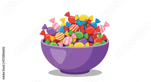 A bowl overflowing with a colorful assortment of individually wrapped candies.