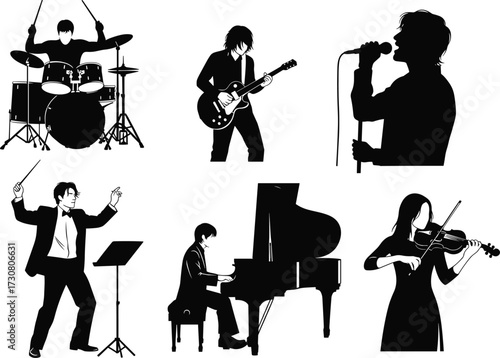 Drummer silhouette, electric guitarist, singer with microphone, conductor leading orchestra, pianist at grand piano, violinist performing, music ensemble, vector illustration