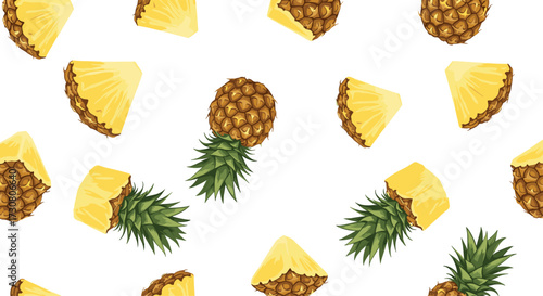 A vibrant tropical fruit pattern featuring juicy pineapple slices and whole pineapples against a clean white background.