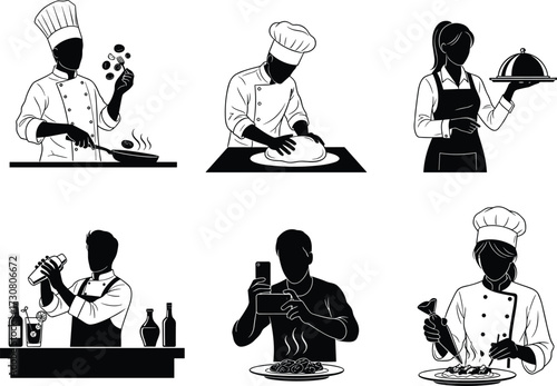 Culinary professionals silhouettes, chef cooking, dough kneading, food photography, garnishing, waitress serving, bartender mixing, kitchen roles, vector illustration, black and white