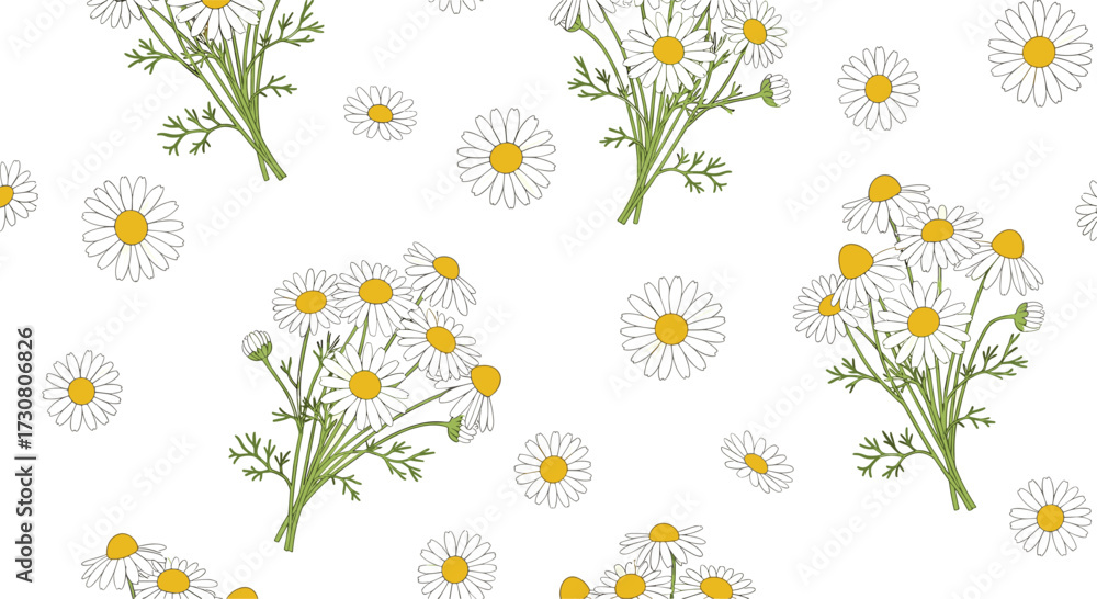 Obraz premium A delicate pattern of small white daisies with yellow centers scattered across a white background.