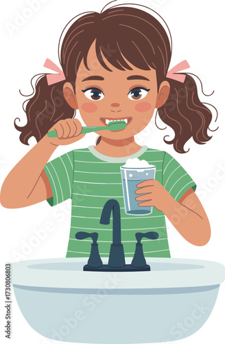 Cute little girl brushing teeth with toothbrush, holding glass of water, bathroom sink hygiene routine, dental care healthy lifestyle vector illustration design