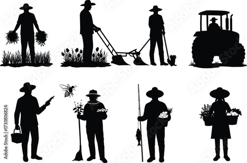 Farmer silhouette illustration, agriculture tools, crop harvesting, tractor driving, fishing, broom and basket, traditional farming, occupational icons, black figures, vector art