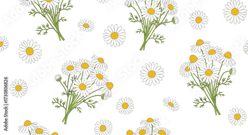 A delicate pattern of small white daisies with yellow centers scattered across a white background.