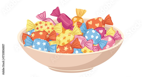A bowl full of colorful wrapped candies with various patterns and shapes.