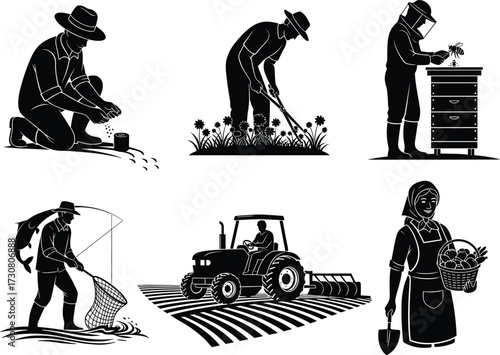 Farming activity silhouettes, seed planting, hoeing, beekeeping, fishing, tractor driving, vegetable harvesting, rural work, agriculture roles, vector illustration, black and white