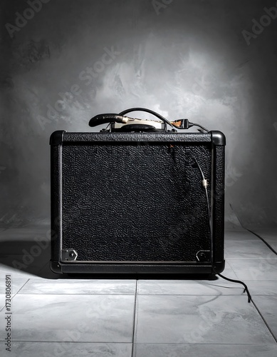 Black guitar amplifier on a light gray tiled floor
