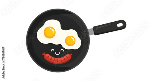 A cheerful sausage and fried eggs cooking in a pan.