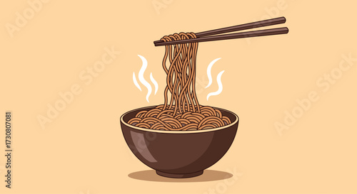 A steaming bowl of delicious noodles held by chopsticks.
