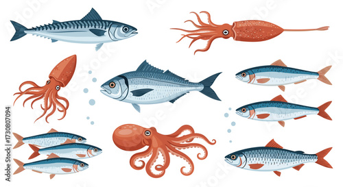 A collection of various seafood including fish squid and octopus.