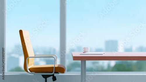A minimalist office background with a clean desk, a chair, and a large window with a city view.
