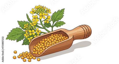 Mustard seeds and flowers are shown in a wooden scoop.
