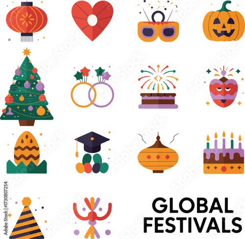 Colorful flat icon illustrations celebrating global holidays and festivals with festive symbols