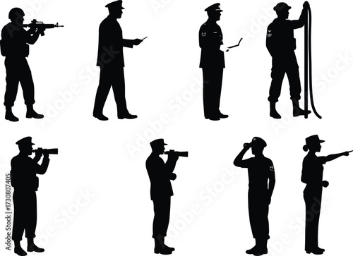 Military personnel silhouette, soldier with rifle, binocular observer, salute gesture, tactical roles, black uniform vector, defense team, command action pose