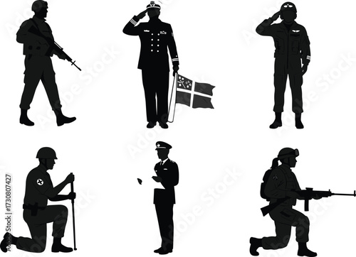 Military personnel silhouette, soldier with rifle, saluting officer, aviator in flight suit, ceremonial pose, armed forces, black figures, vector illustration, defense icons
