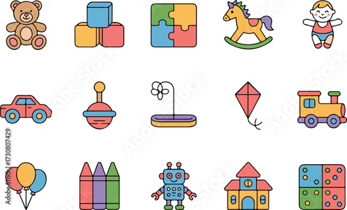 Colorful flat icon illustrations of various classic toys for children and babies
