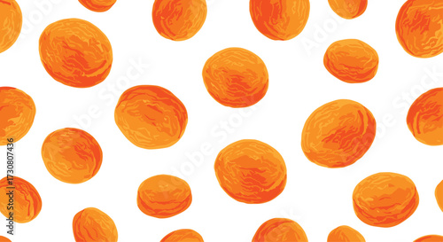 A pattern of delicious dried apricots scattered evenly on a white background.