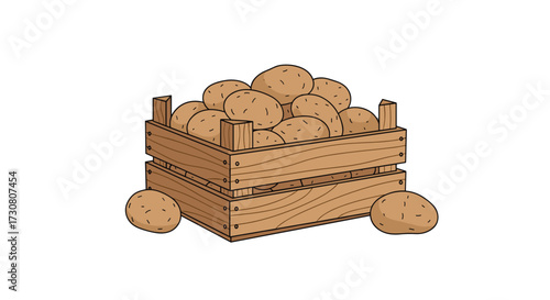 A wooden crate overflowing with fresh harvested potatoes sits on the ground.